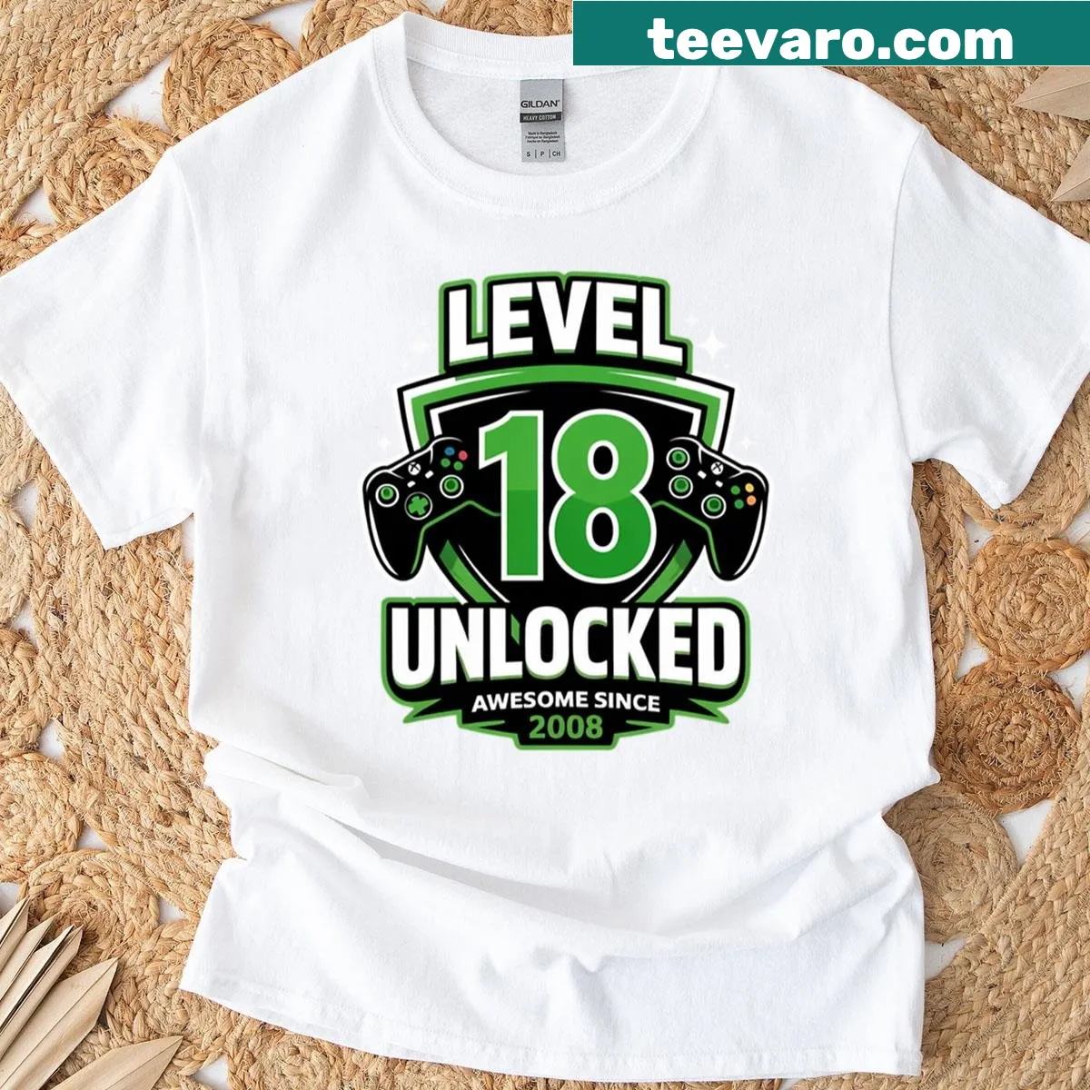 18th birthday T-shirt with Level 18 Unlocked gamer graphic — on a men's t-shirt