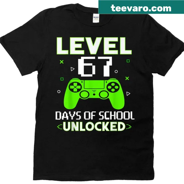 Funny kids' T-shirt celebrating 'Level 67 Days Of School Unlocked'.