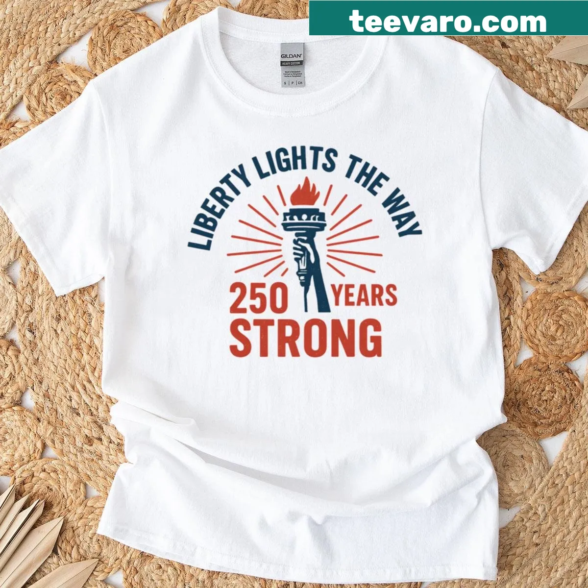 Patriotic shirt with 'Liberty Lights The Way' text celebrating 250 years — on a men's t-shirt
