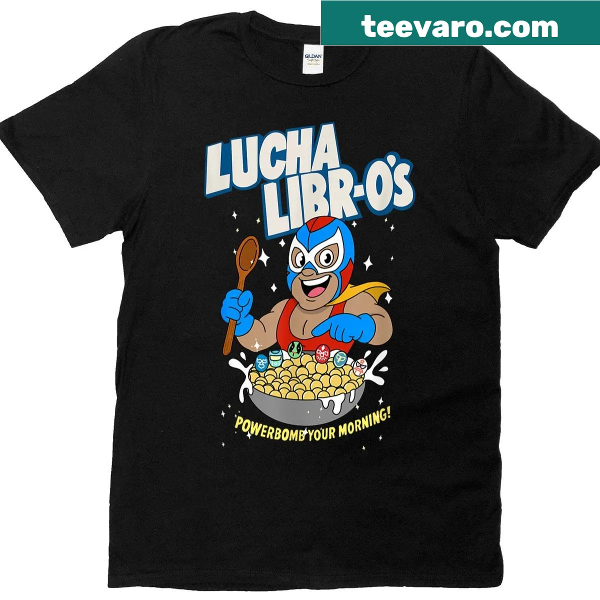 Cartoon-style T-shirt featuring lucha libre wrestling and cereal mashup design. — on a men's t-shirt
