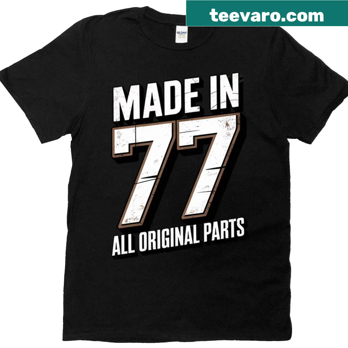Birthday T-shirt stating, "Made In 1977" — on a men's t-shirt