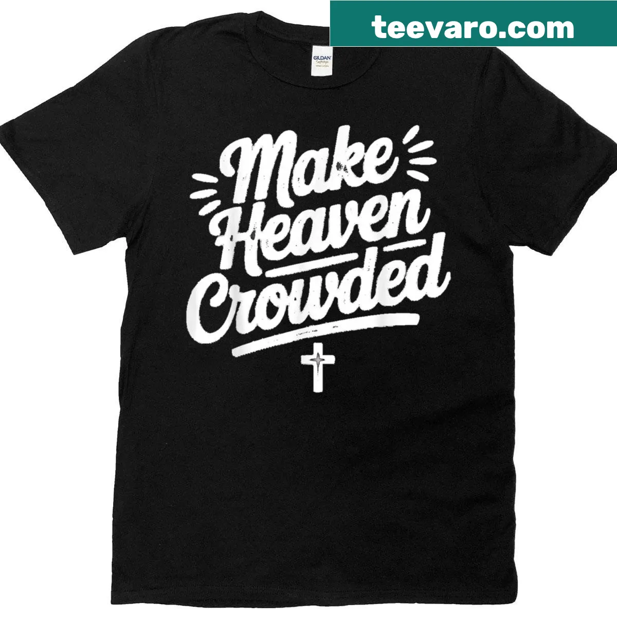 Minimalist Christian t-shirt featuring a cross and text 'Make Heaven Crowded' — on a men's t-shirt