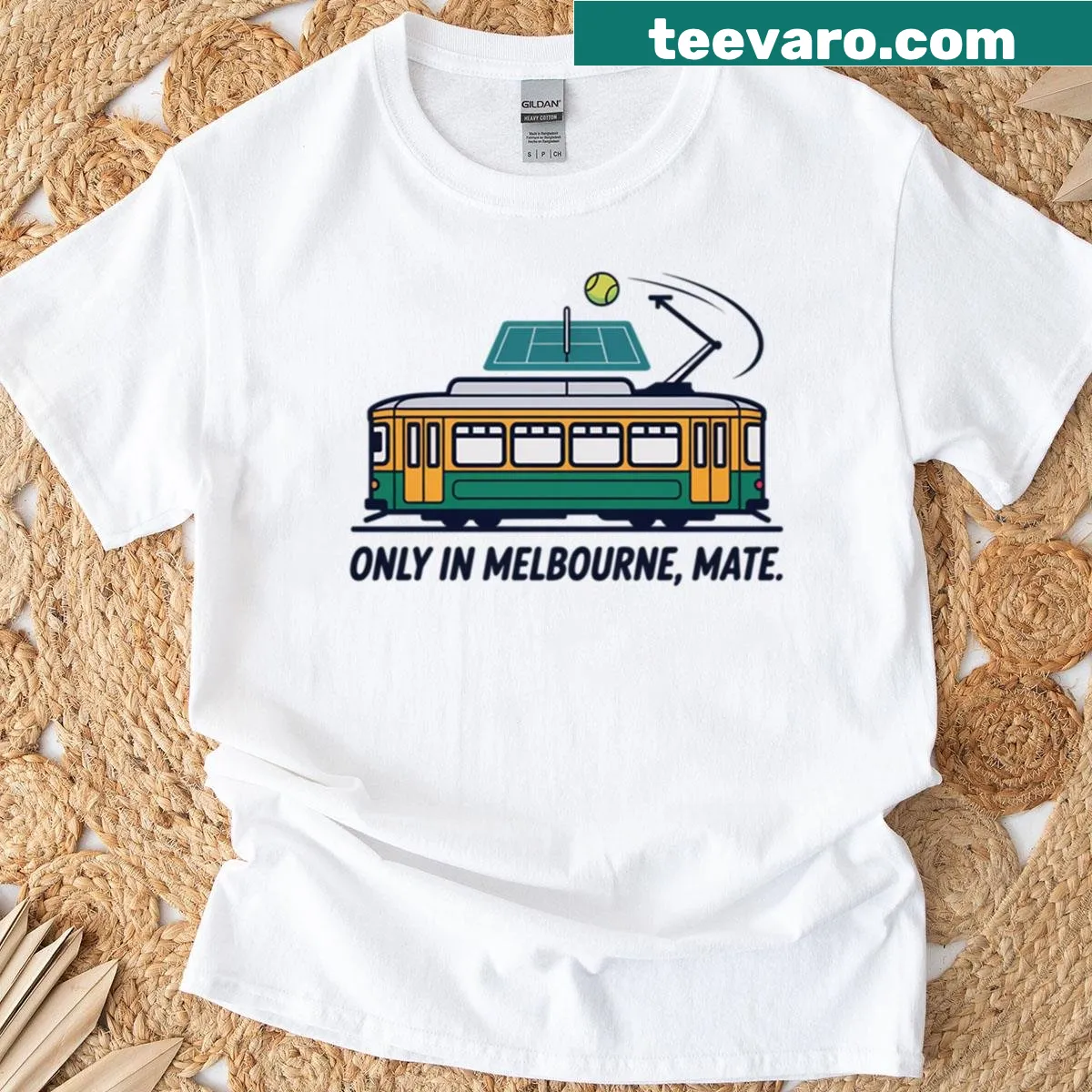 Humorous Melbourne-themed T-shirt featuring tennis and tram graphics — on a men's t-shirt