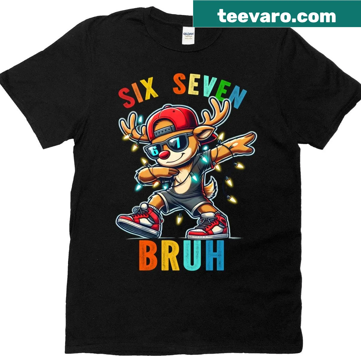 Cartoon dabbing reindeer design on a humorous T-shirt — on a men's t-shirt
