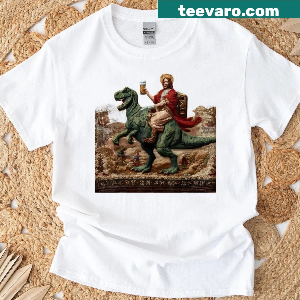 Graphic T-shirt featuring Jesus riding a dinosaur and drinking beer — on a men's t-shirt