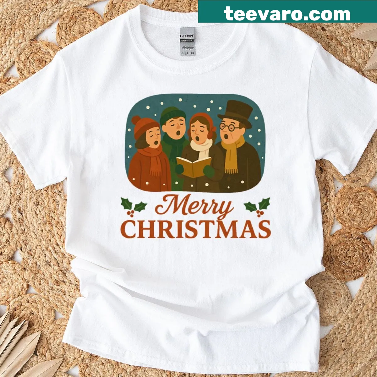 Oversized t-shirt with merry carolers illustration for Christmas — on a men's t-shirt