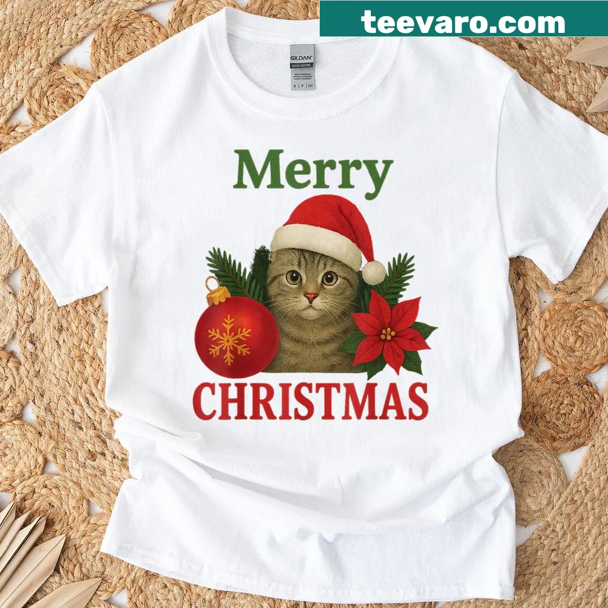 Cute tabby cat graphic on a Christmas t-shirt — on a men's t-shirt