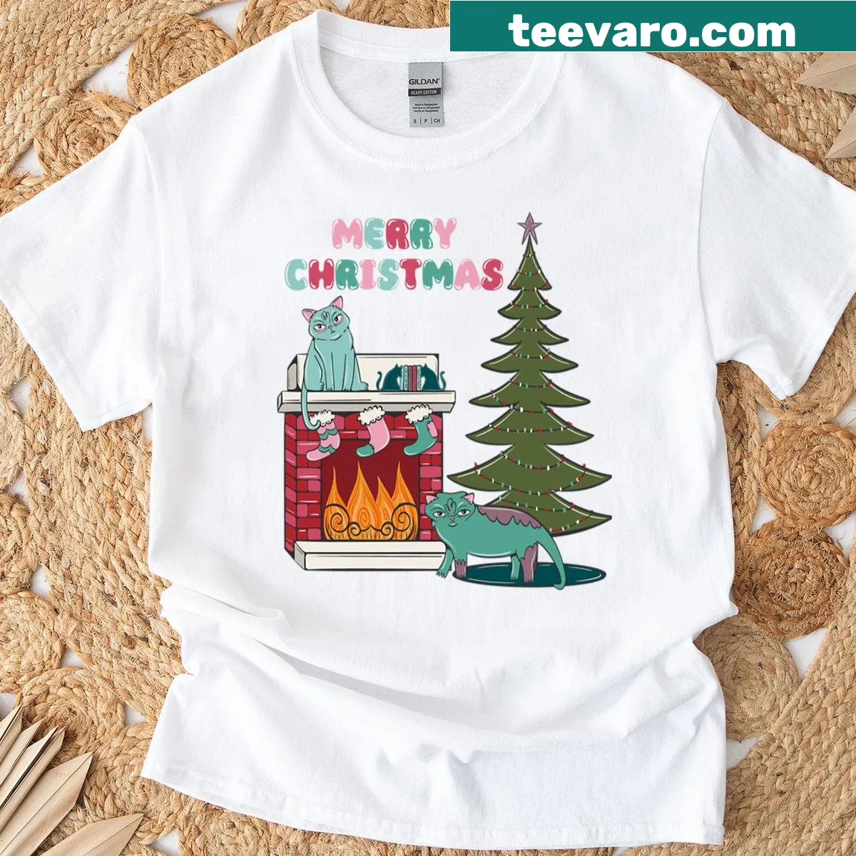 Christmas T-shirt featuring cats around a Christmas tree — on a men's t-shirt
