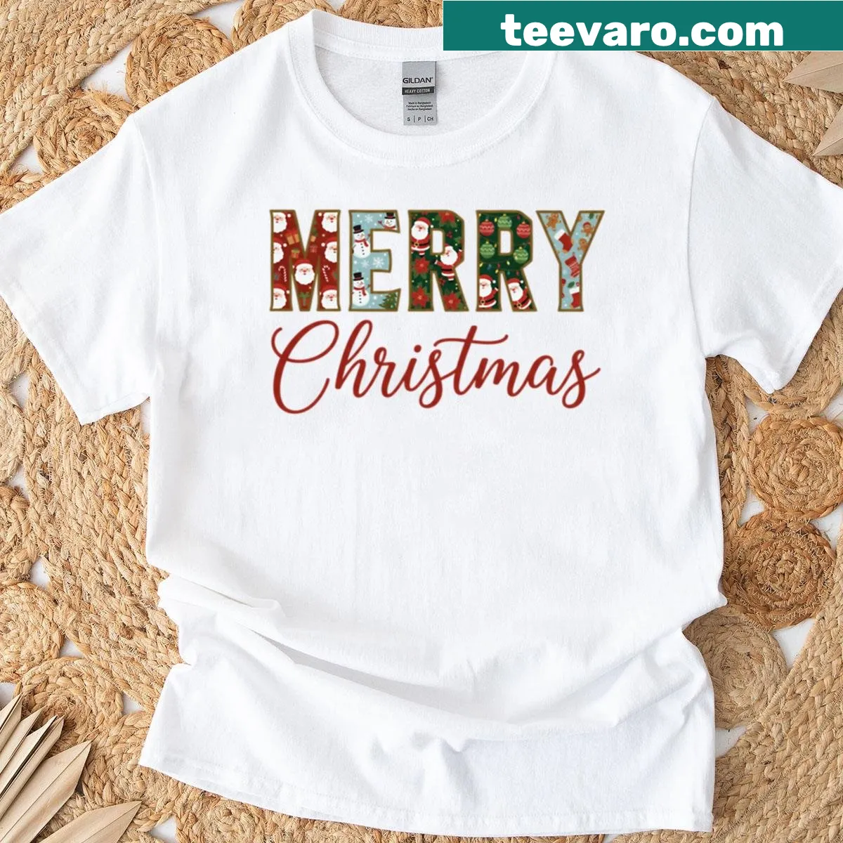 Patchwork lettering on Merry Christmas t-shirt — on a men's t-shirt