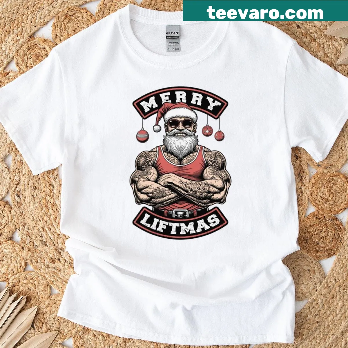 Merry Liftmas t-shirt with playful typography — on a men's t-shirt