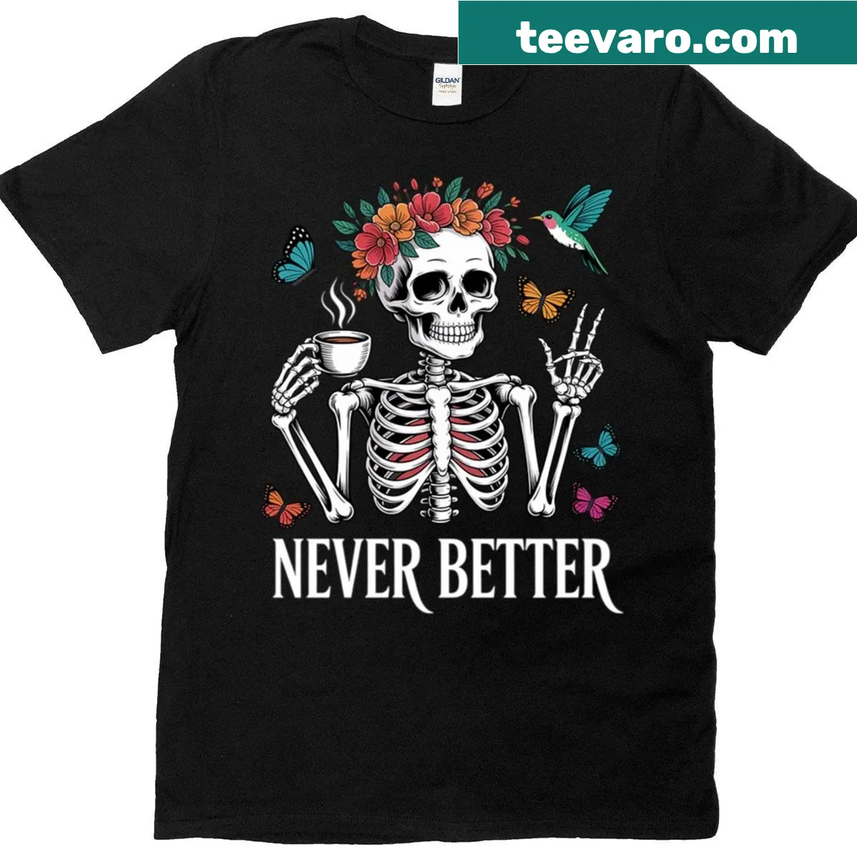 Cartoon skeleton with messy bun and coffee — on a men's t-shirt