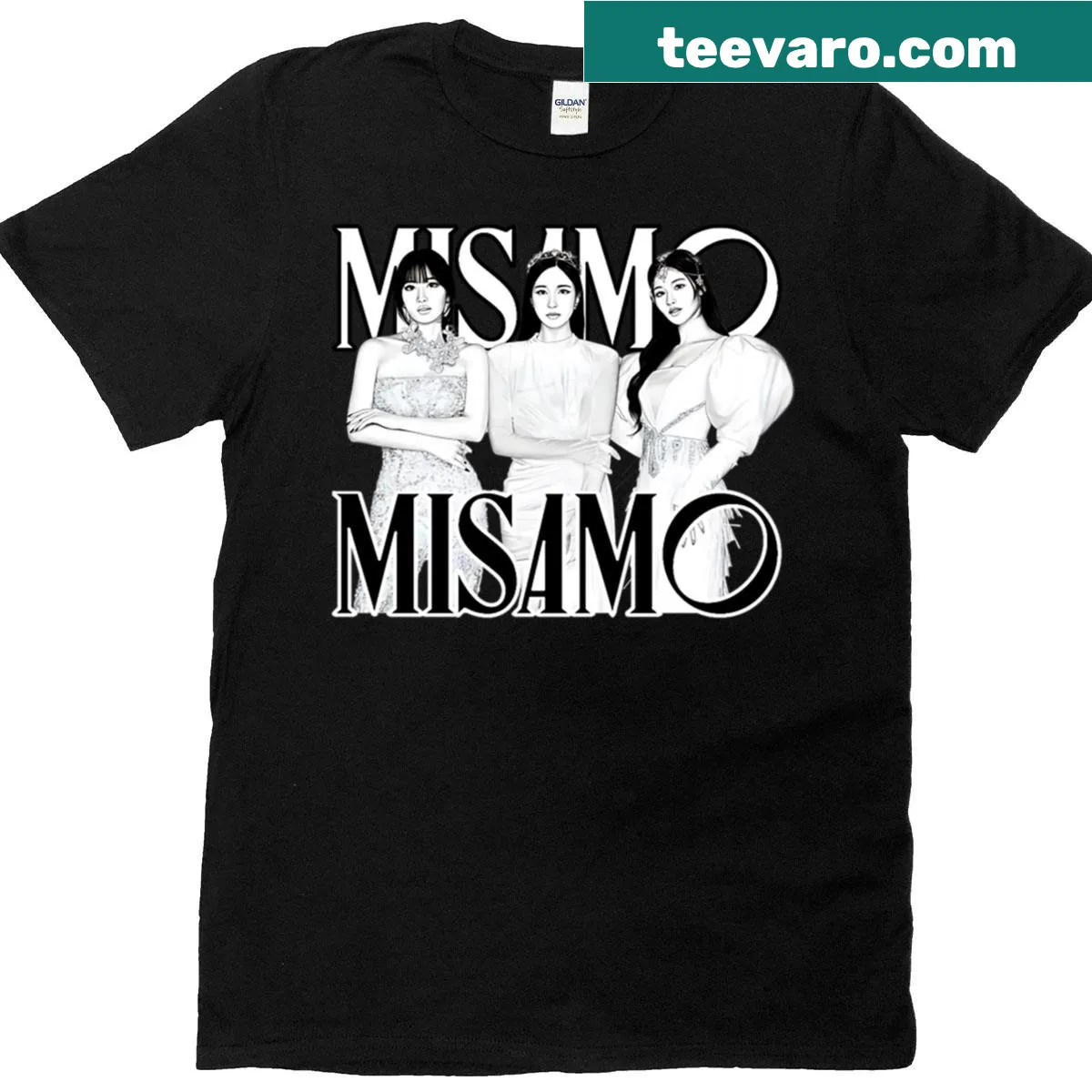 K-pop T-shirt featuring Misamo, Mina, Sana, and Momo in trendy typography. — on a men's t-shirt