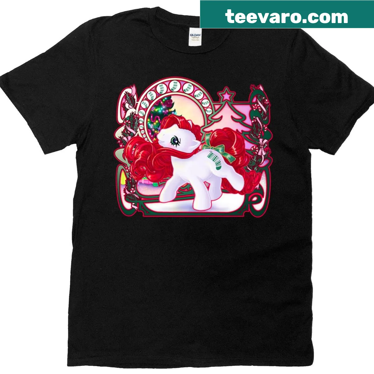 Art Nouveau-inspired Christmas T-shirt featuring baby stockings design. — on a men's t-shirt