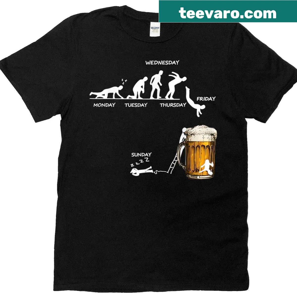 Funny beer drinking T-shirt listing the days of the week — on a men's t-shirt