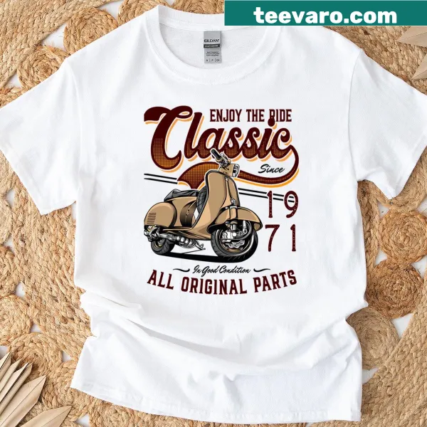 Illustrative t-shirt featuring a motor scooter for riders