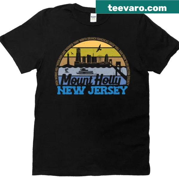 Retro T-shirt featuring a sunset and local pride logo of Mount Holly, NJ