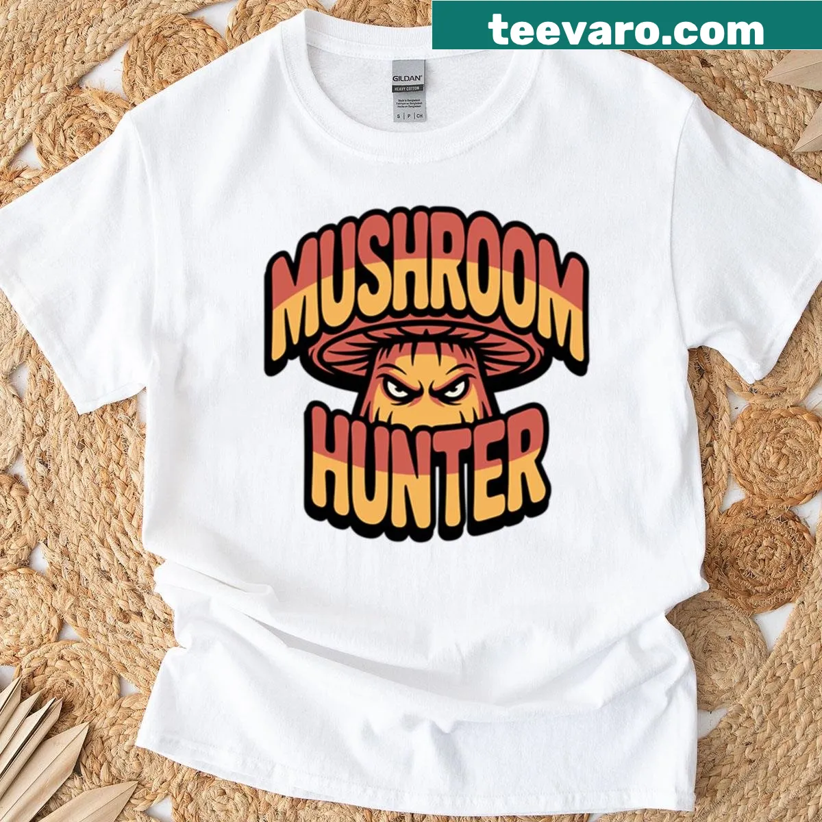 Angry Fungi Monster logo on a Mushroom Hunter t-shirt — on a men's t-shirt
