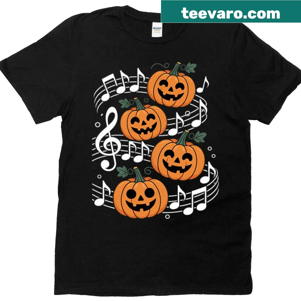 T-shirt with a pumpkin and music notes celebrating fall and Halloween — on a men's t-shirt