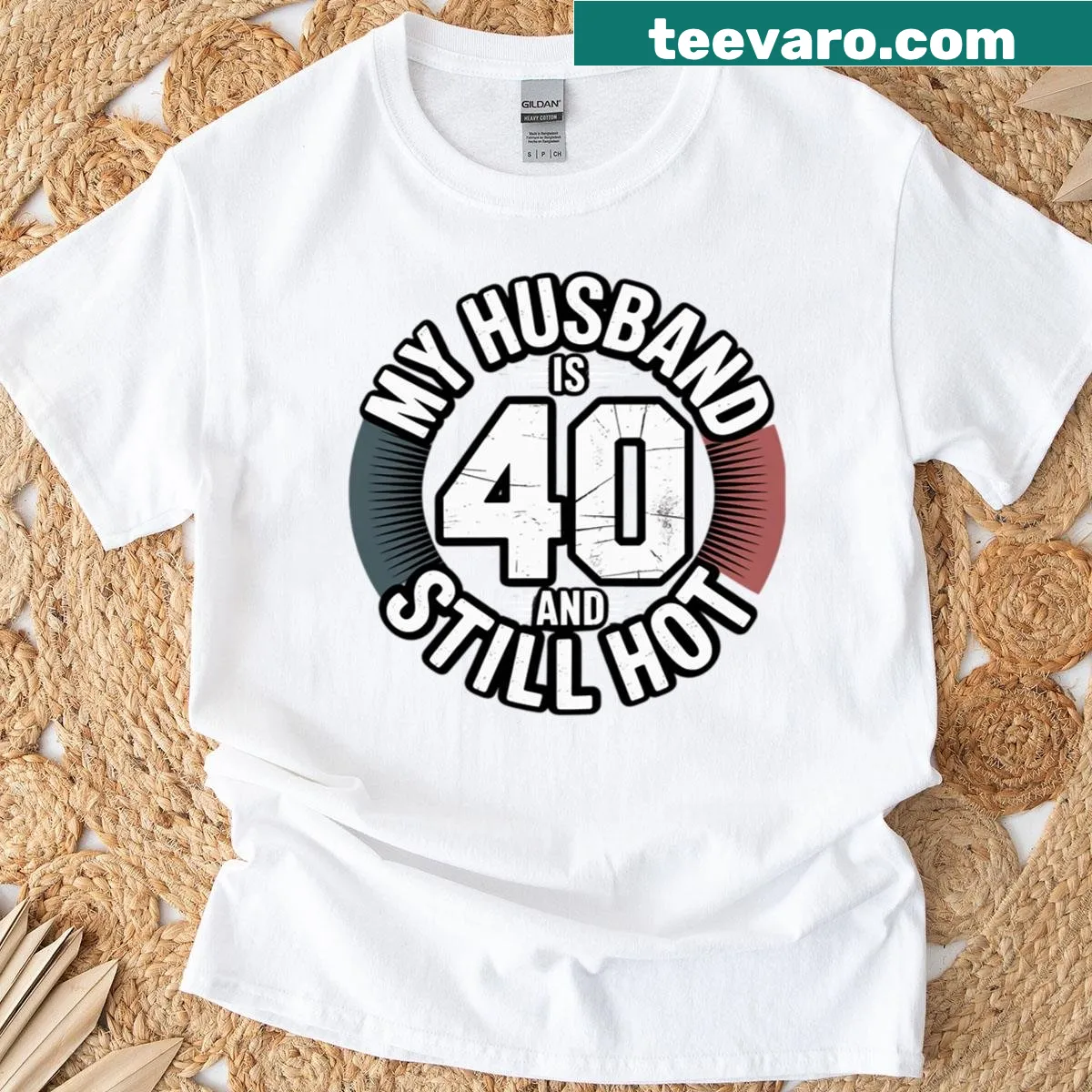 Funny typography t-shirt celebrating husband turning 40 — on a men's t-shirt