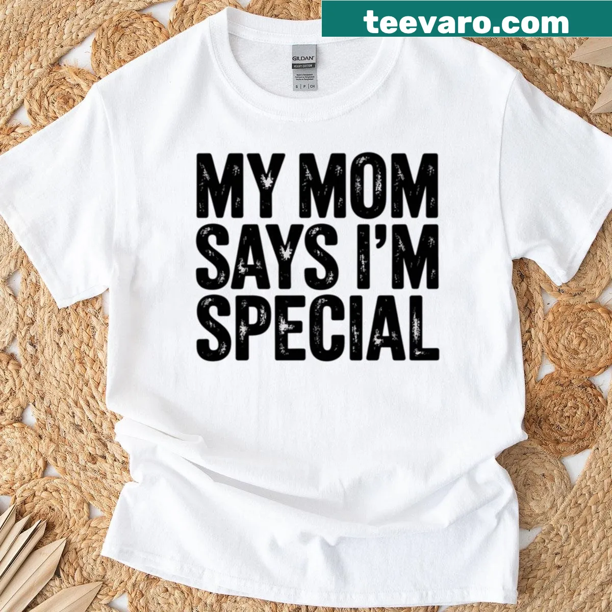 Typography graphic saying 'My Mom Says I'm Special' on a t-shirt — on a men's t-shirt