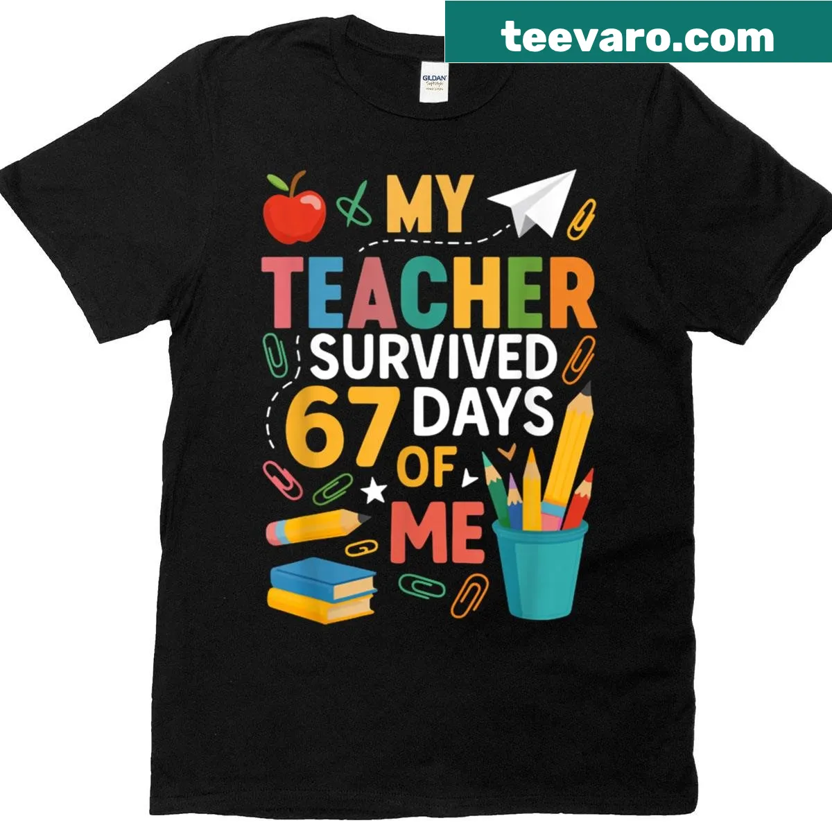 Funny teacher t-shirt celebrating surviving 67 days of school — on a men's t-shirt