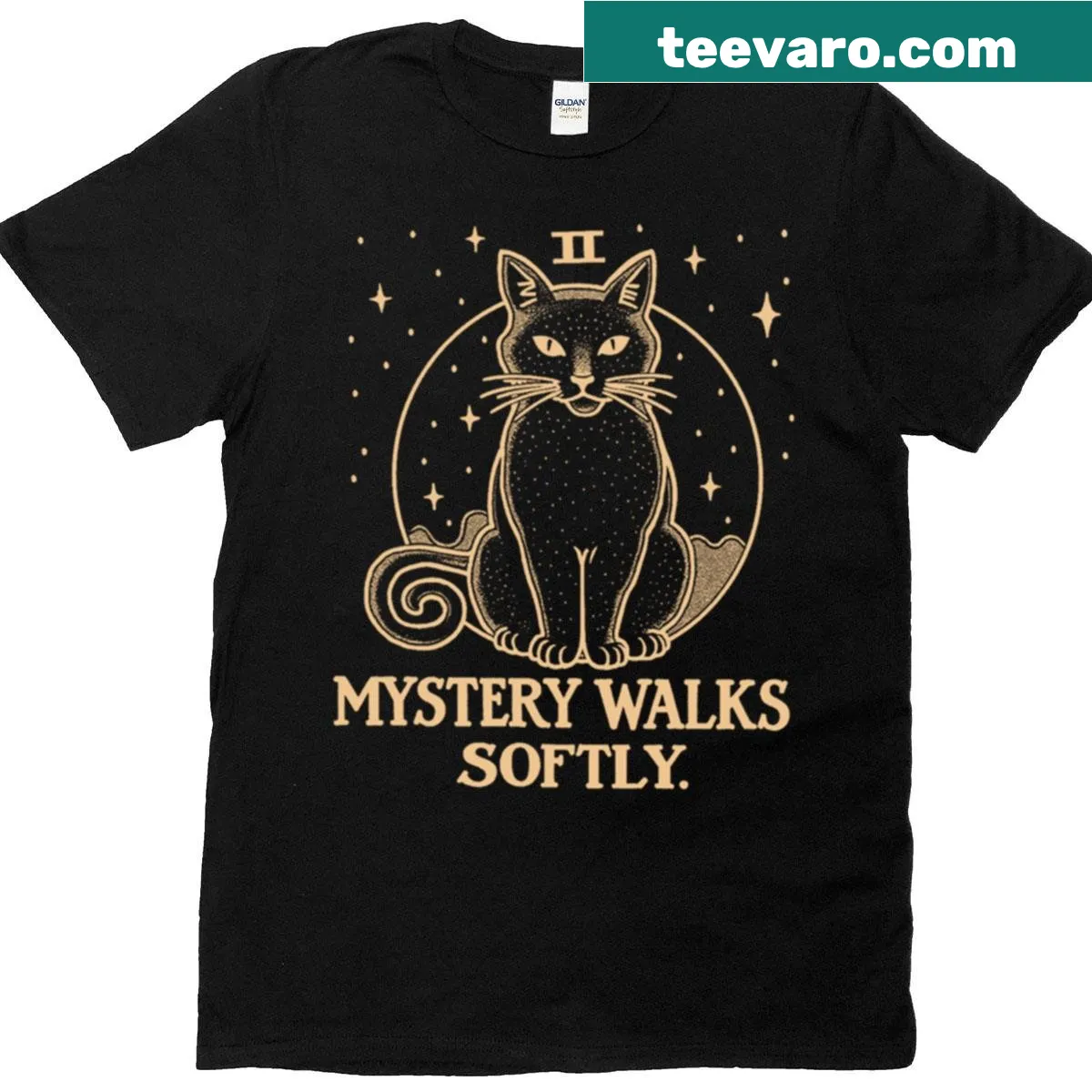 Line art T-shirt featuring a mystical cat design for esoteric lovers — on a men's t-shirt