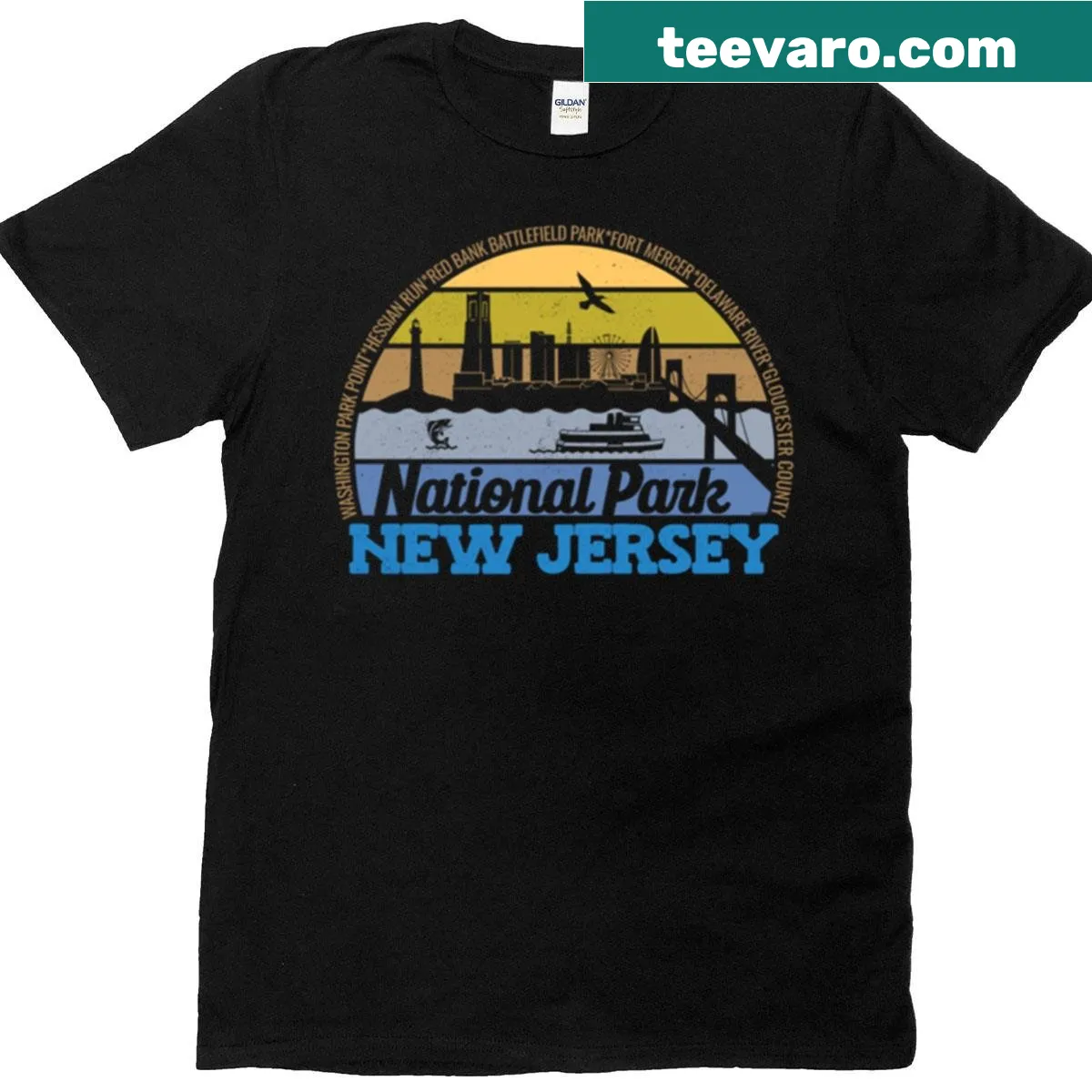 Vintage-style T-shirt with New Jersey National Park sunset logo — on a men's t-shirt
