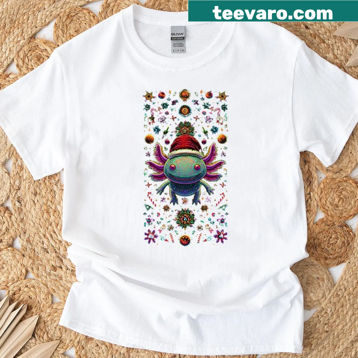 Cute axolotl in Santa hat on a neon glow T-shirt — on a men's t-shirt