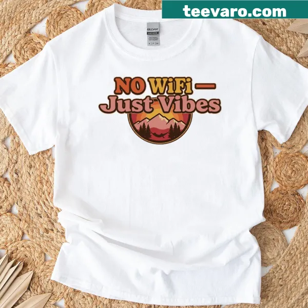 Retro t-shirt with 'No Wifi Just Vibes' text in vintage style.
