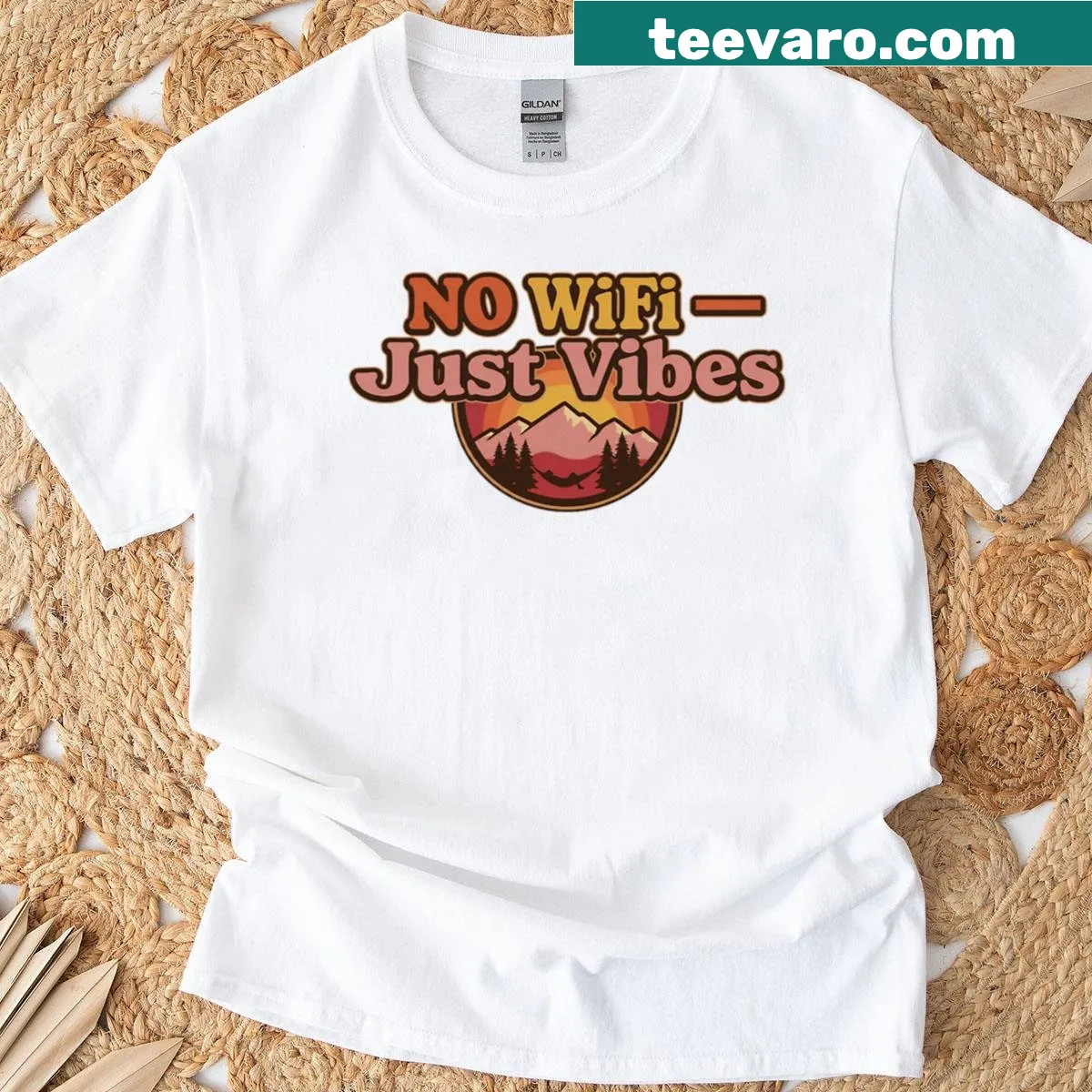 Retro t-shirt with 'No Wifi Just Vibes' text in vintage style. — on a men's t-shirt
