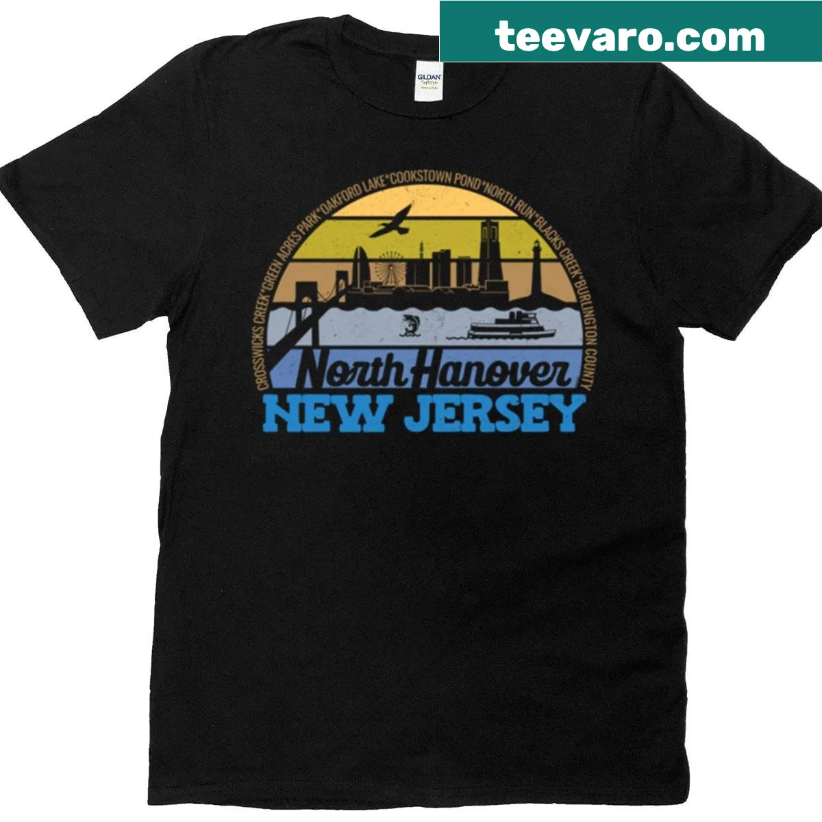 Retro logo T-shirt featuring a sunset design for Pemberton, NJ — on a men's t-shirt