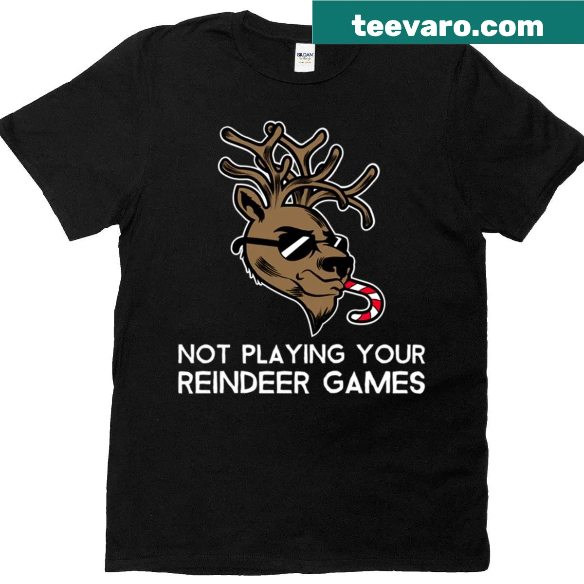 Humorous T-shirt with text 'Not Playing Your Reindeer Games' for festive occasions — on a men's t-shirt