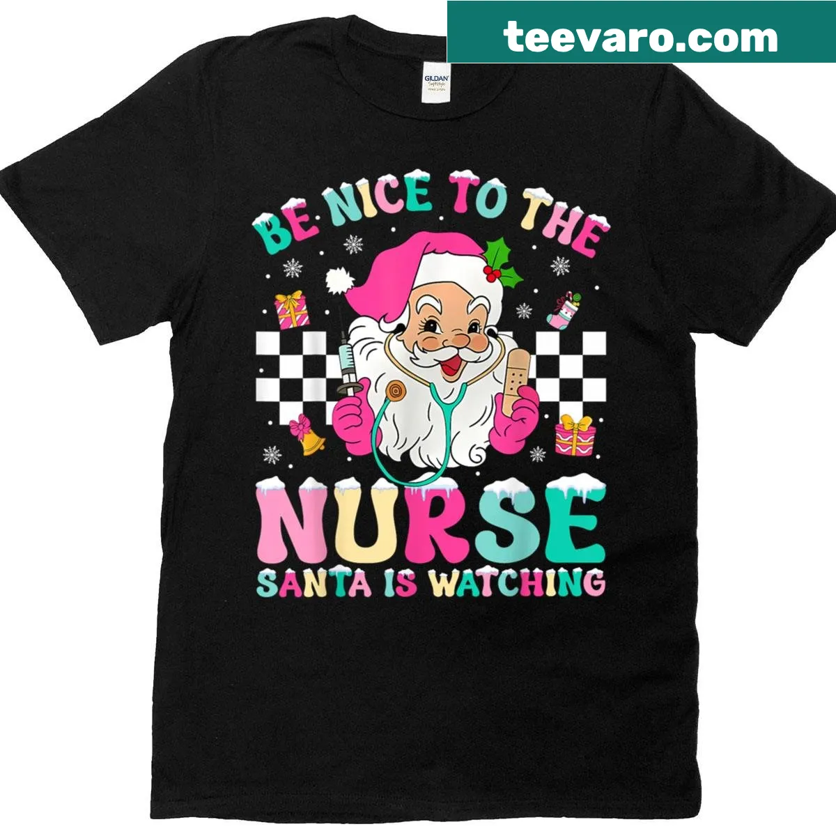 Festive nurse t-shirt with 'Be Nice To The Nurse' design — on a men's t-shirt