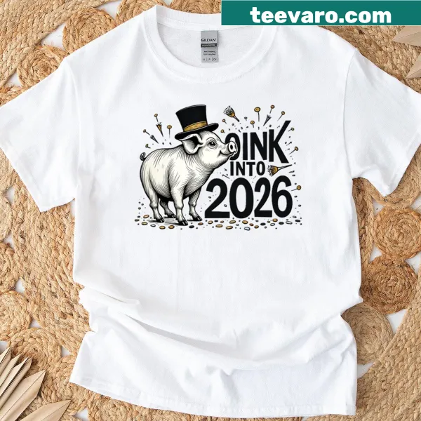 Funny oversized New Year t-shirt with a pig design and gold accents.