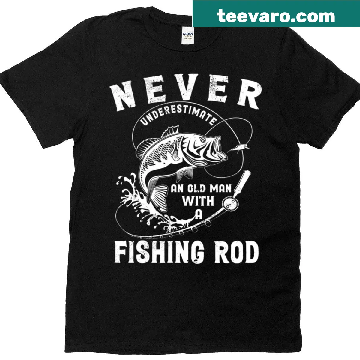 Retro fishing rod graphic on a T-shirt for fishing enthusiasts — on a men's t-shirt