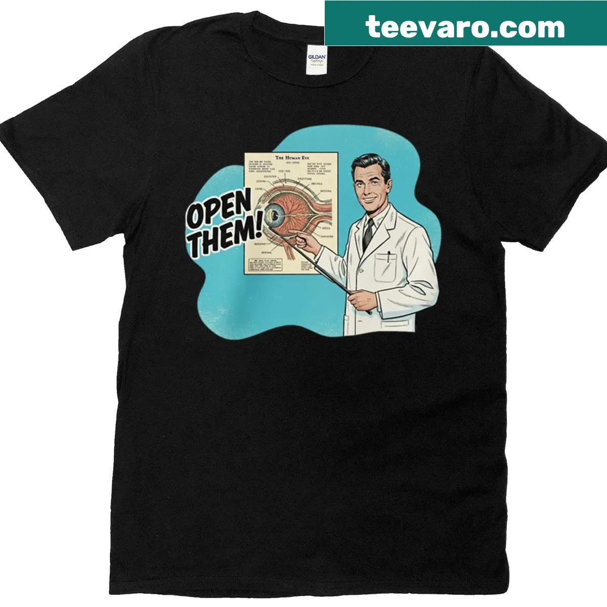 Vintage anatomy eye chart design with humor on T-shirt — on a men's t-shirt
