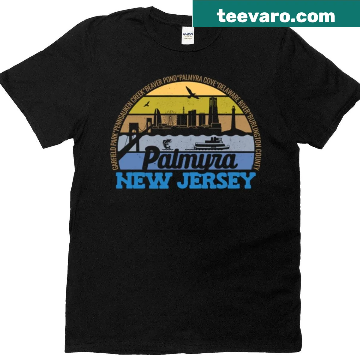 Vintage retro Palmyra New Jersey logo t-shirt with sunset design — on a men's t-shirt