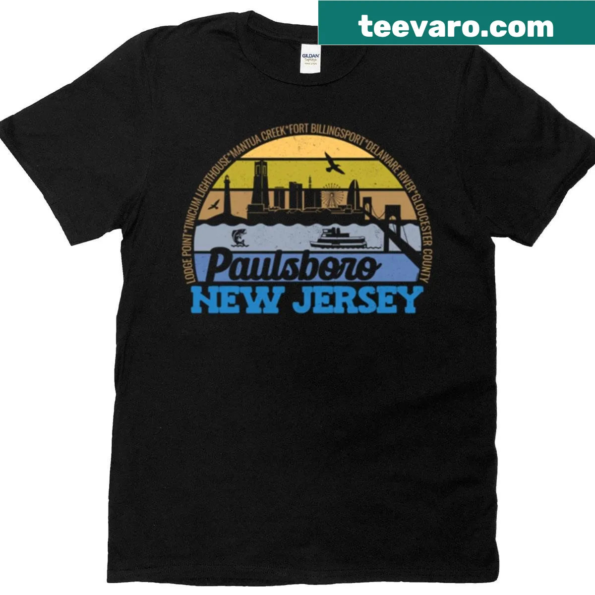 Vintage retro Paulsboro New Jersey logo t-shirt with sunset design — on a men's t-shirt