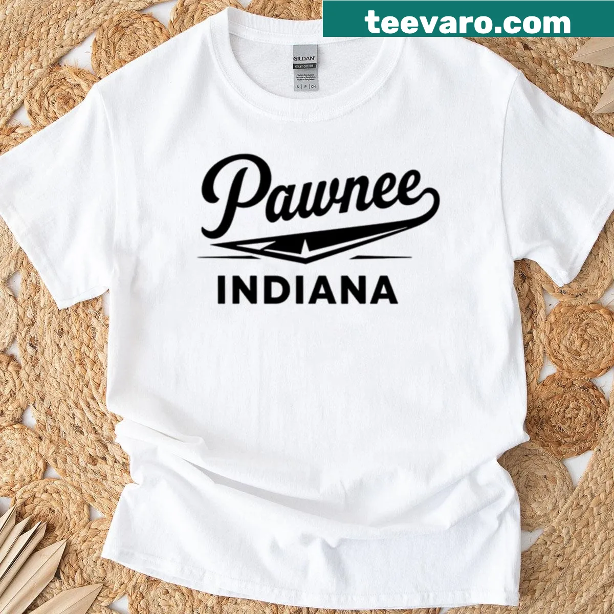 Illustrative T-shirt celebrating Pawnee, Indiana and Wamapoke County — on a men's t-shirt