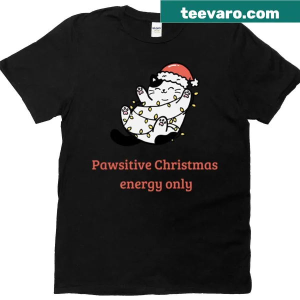 Cute cat wrapped in holiday lights illustration on T-shirt