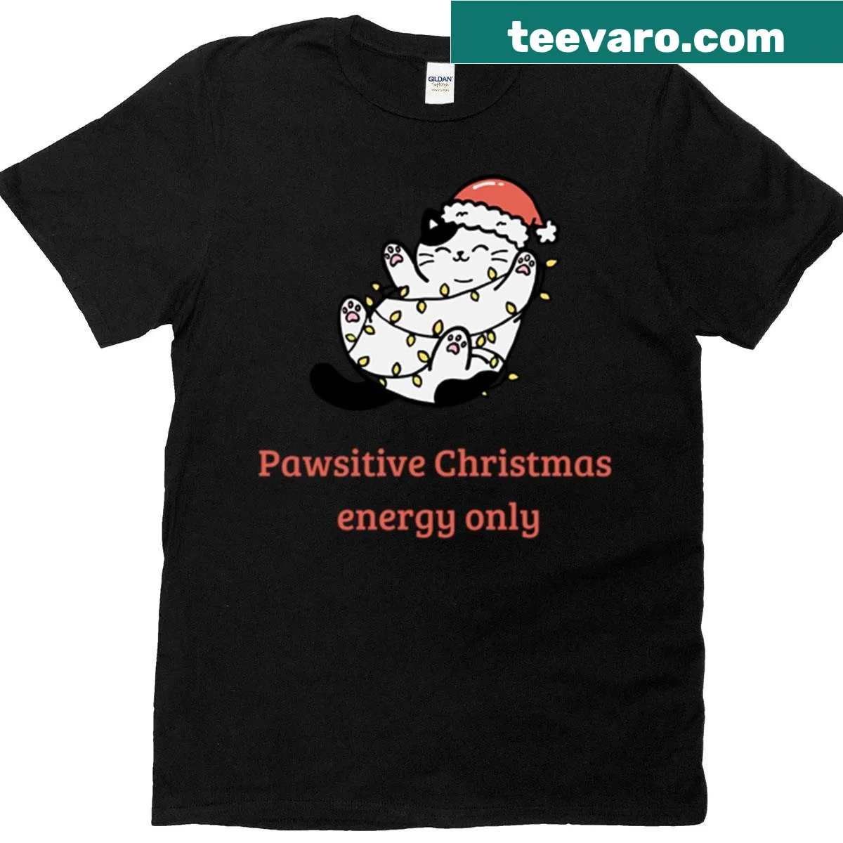 Cute cat wrapped in holiday lights illustration on T-shirt — on a men's t-shirt