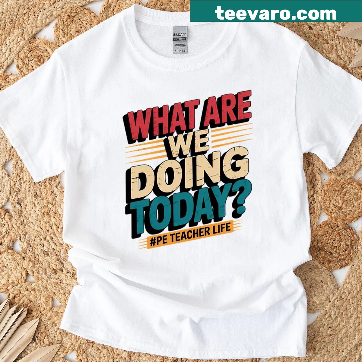 PE Teacher Life t-shirt with playful question — on a men's t-shirt