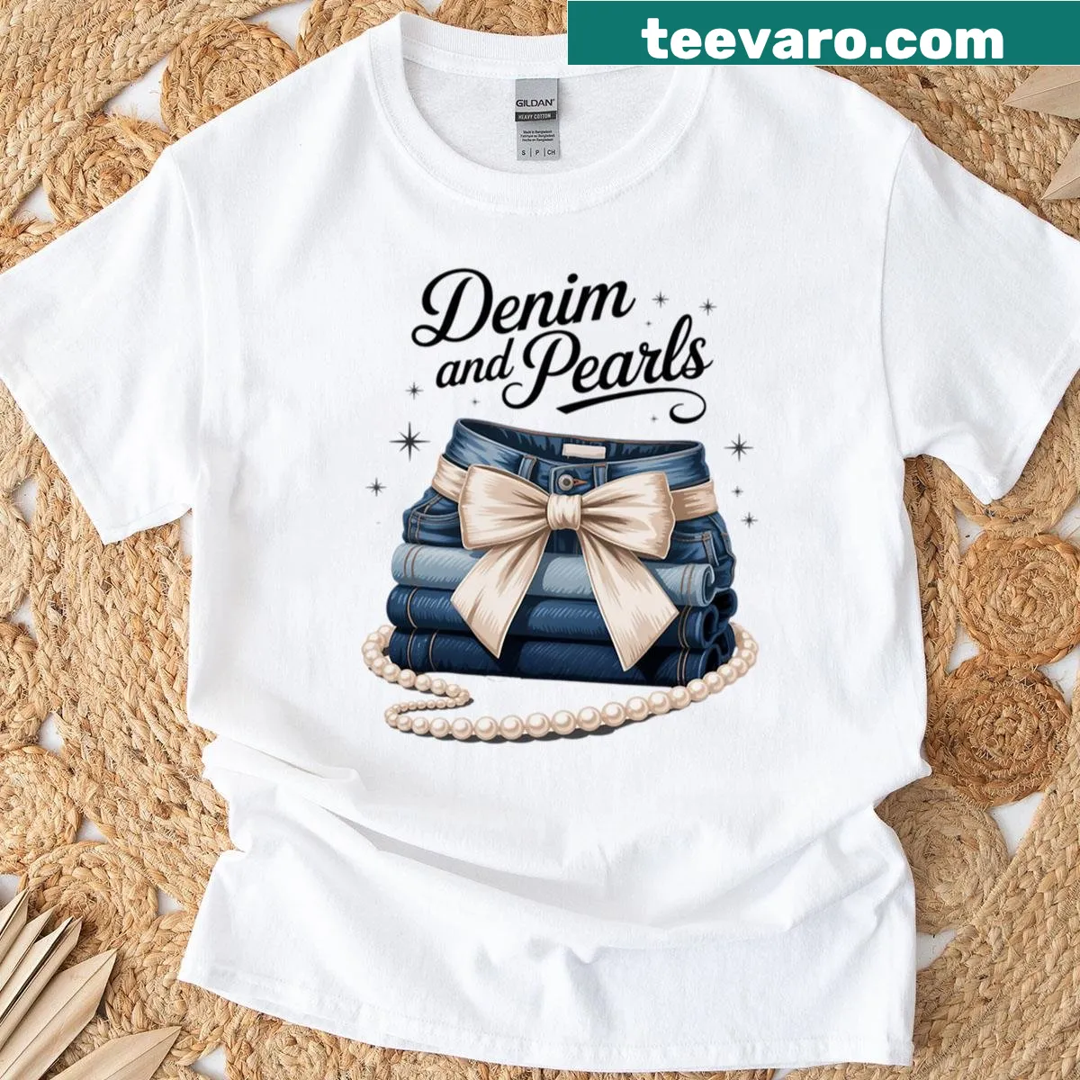 Stylish T-shirt featuring 'Pearls Denim 2025' typography design. — on a men's t-shirt