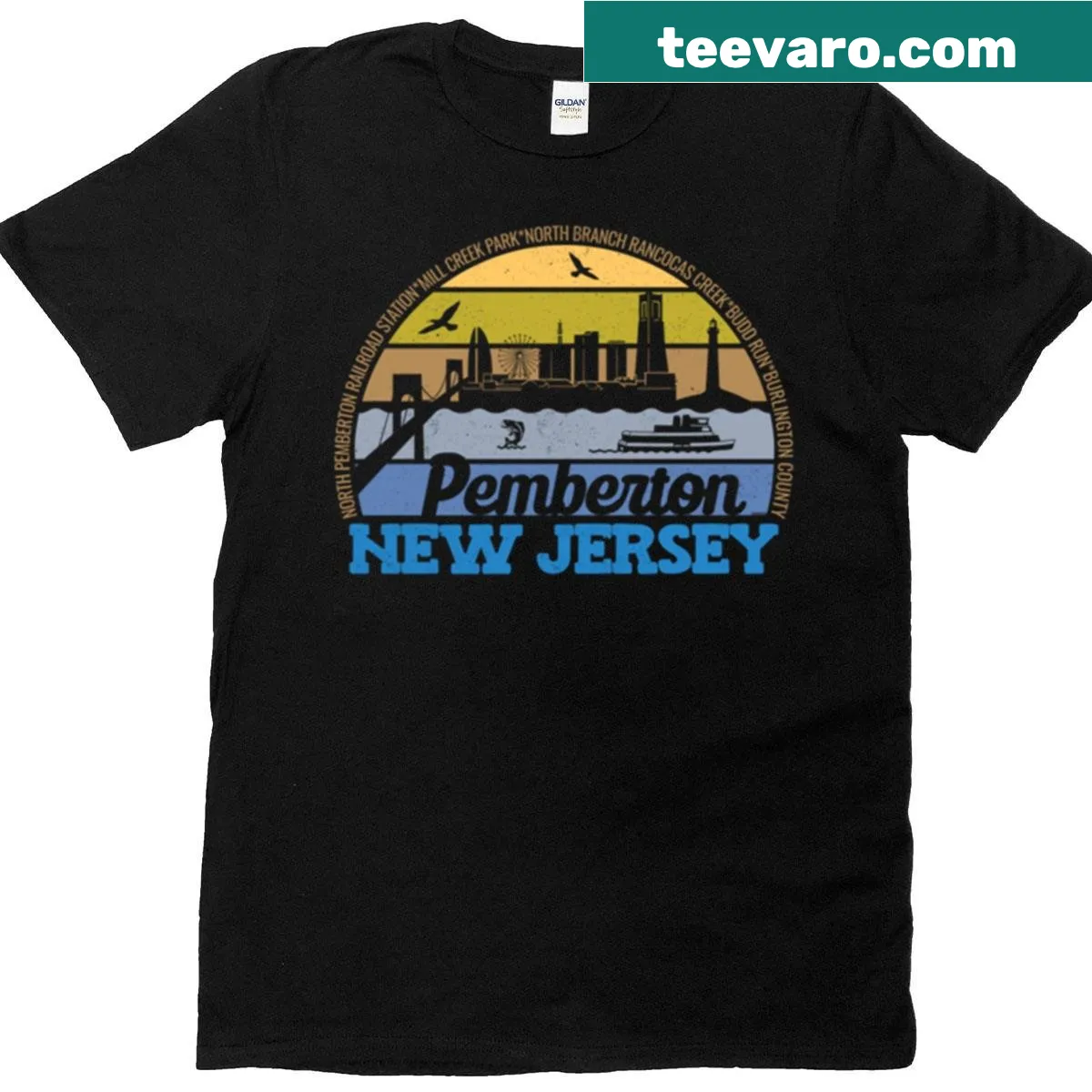 Retro logo of Pemberton, New Jersey with sunset design — on a men's t-shirt