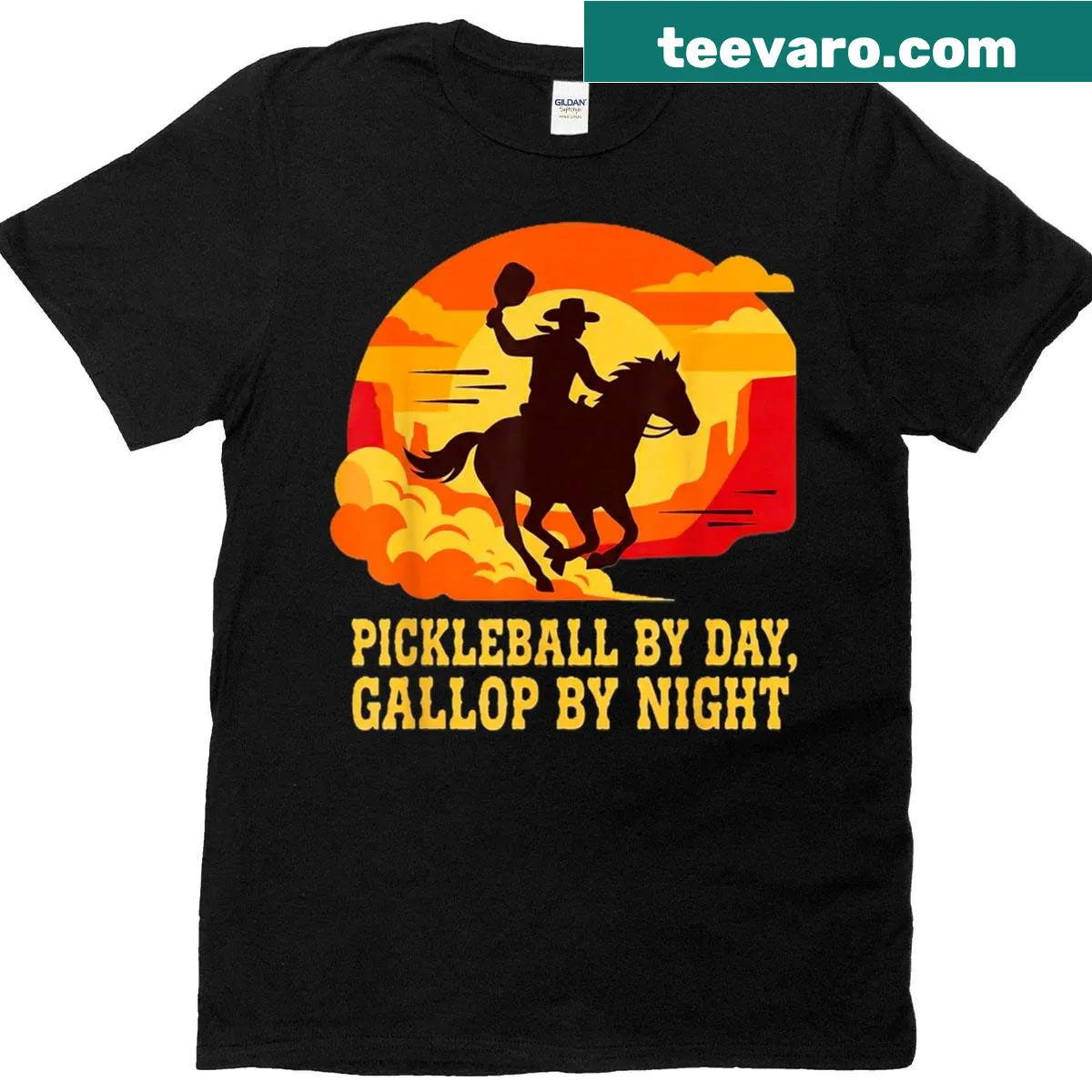 Cowboy on horseback with a pickleball paddle graphic T-shirt — on a men's t-shirt