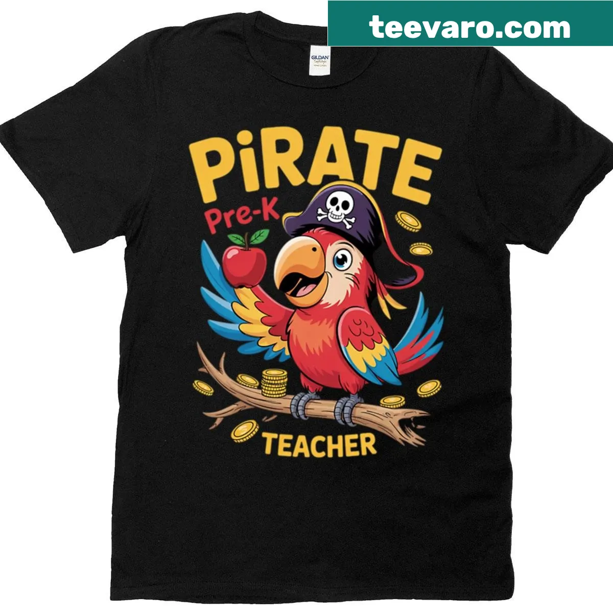 Halloween-themed T-shirt for Pre-K teachers with pirate illustration — on a men's t-shirt