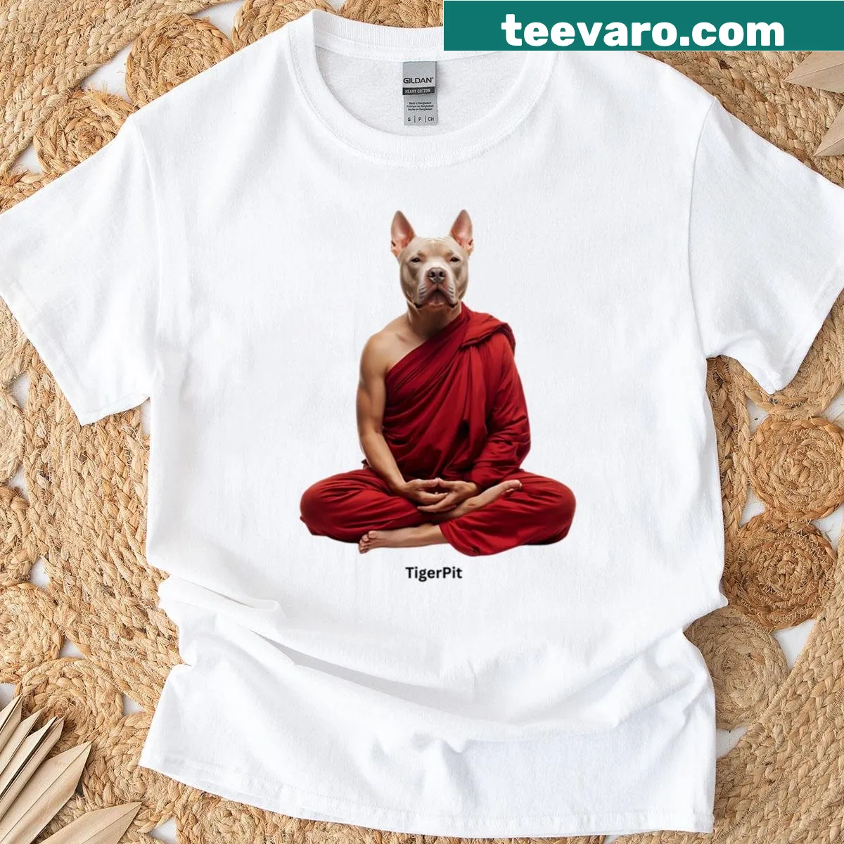 Illustration of a meditating pit bull on a t-shirt. — on a men's t-shirt