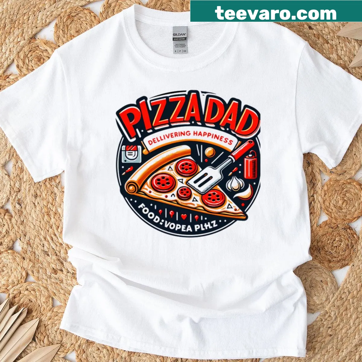 Funny badge T-shirt for dads with a pizza theme — on a men's t-shirt