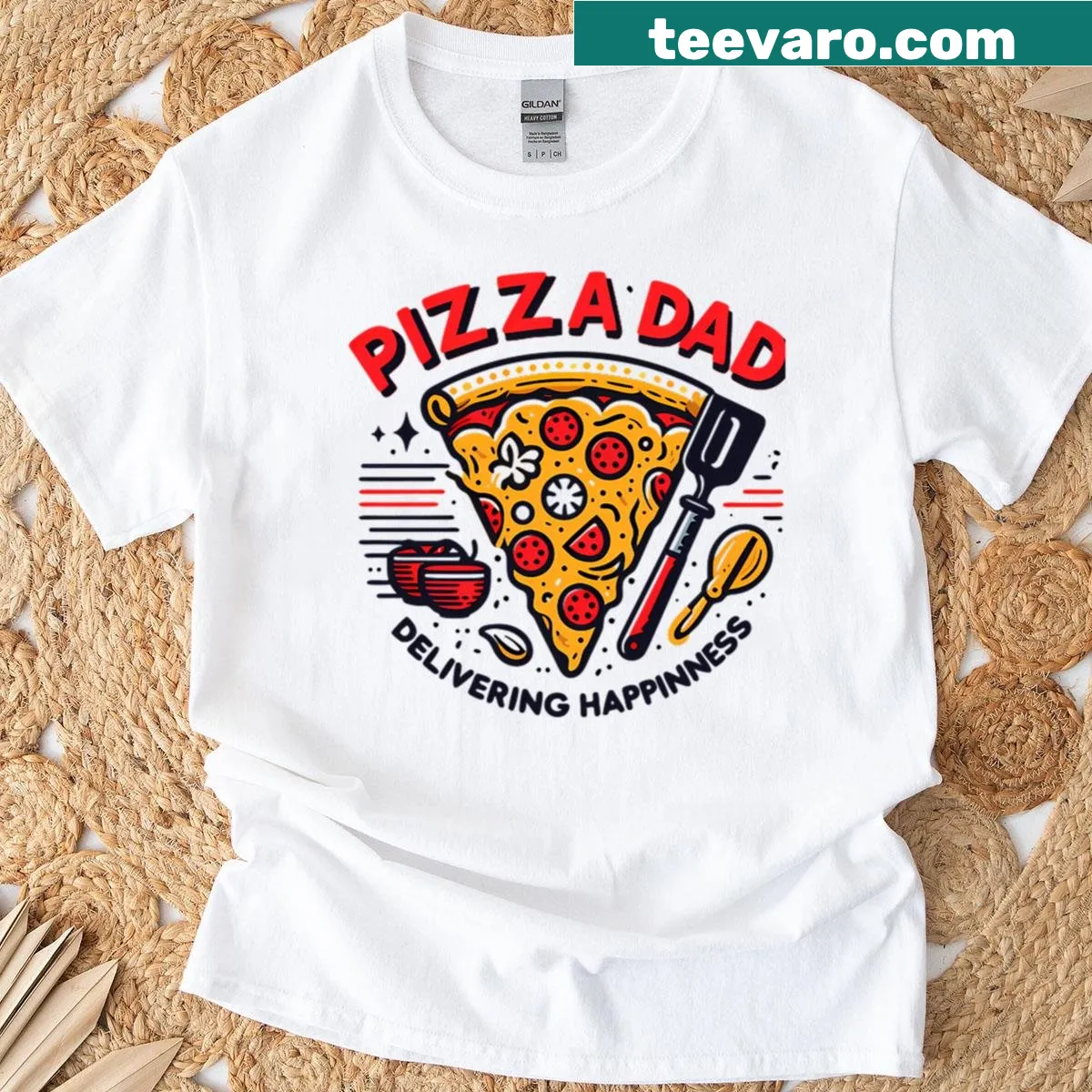 Retro pizza dad t-shirt with cheerful delivering happiness graphic — on a men's t-shirt