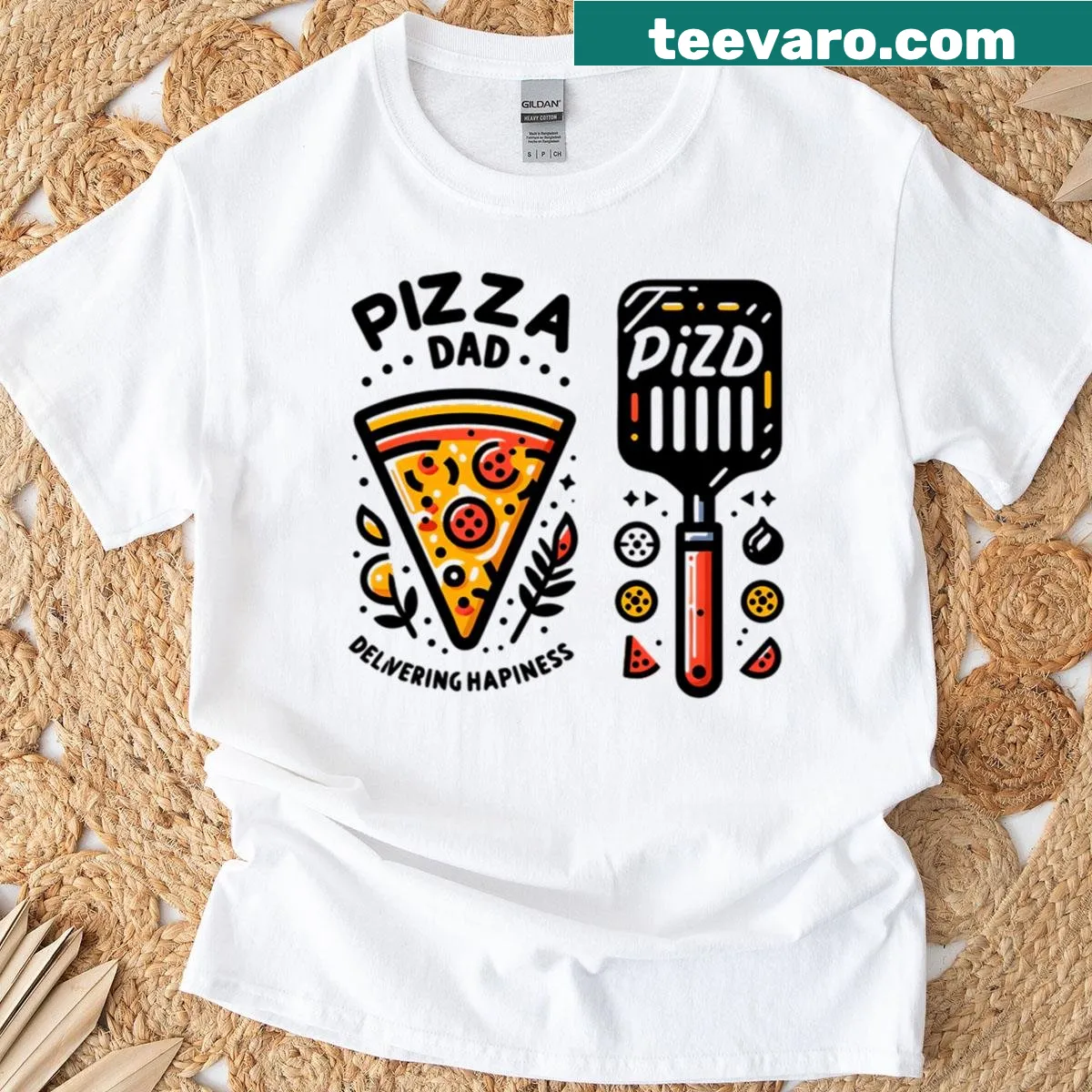 Illustrated design of a dad delivering a pizza slice with a spatula — on a men's t-shirt